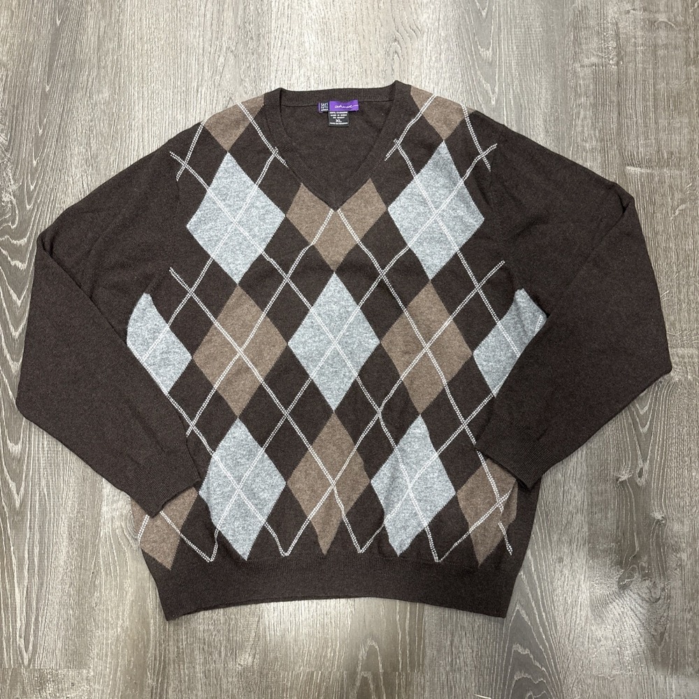 Saks Fifth Avenue Sweater Mens XL Geometric Pullover Cashmere Knit V Neck Casual